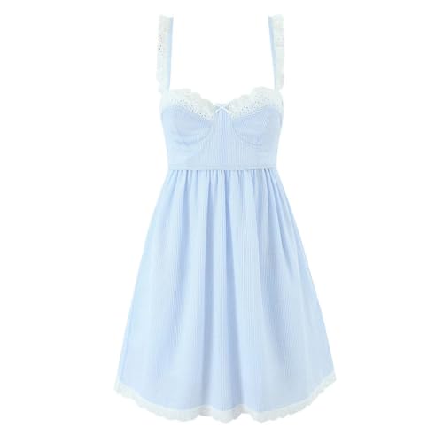 Women's Lace Spliced Spaghetti Straps Short Dress Backless High Waist A-Line Casual Dresses