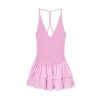 Women's Hanging Neck Spaghetti Straps Dress Deep V-Neck Puffy A-Line Mini Dresses