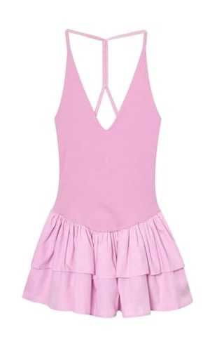 Women's Hanging Neck Spaghetti Straps Dress Deep V-Neck Puffy A-Line Mini Dresses