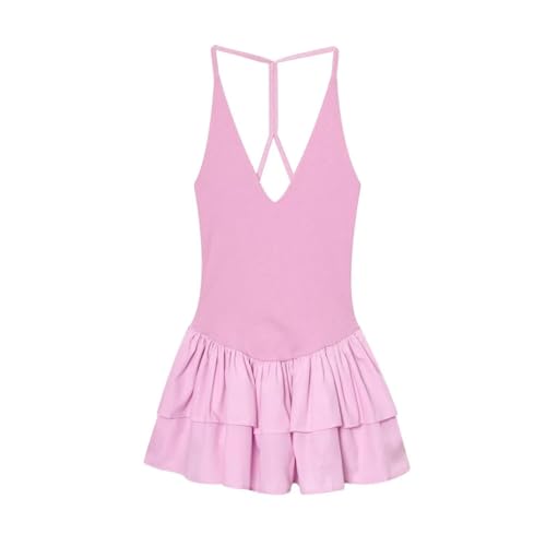Women's Hanging Neck Spaghetti Straps Dress Deep V-Neck Puffy A-Line Mini Dresses