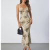 Women's Floral Print Cami Dress Cowl Neck Spaghetti Strap Bodycon Party Long Dresses