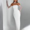 Women's Strapless Dress Set - Waist Slim Long Gown with Mesh Gloves Fluttering Belt