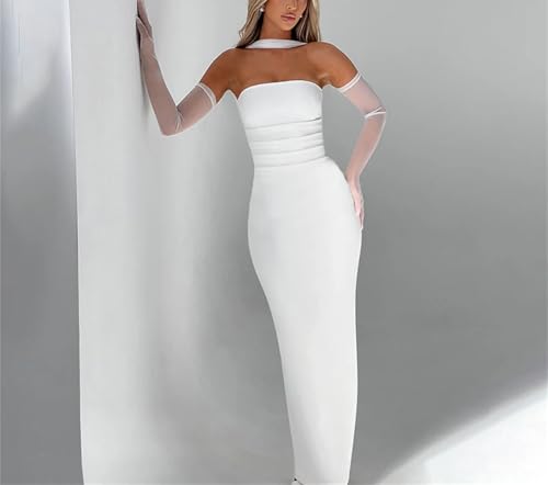 Women's Strapless Dress Set - Waist Slim Long Gown with Mesh Gloves Fluttering Belt