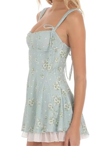 Women's Floral A-Line Mini Dress Sleeveless Tie-Up Strap Low Cut Ruffles Hem Slim Dress Vestidos