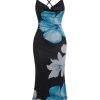 Women's Floral Print Bodycon Cami Dress Cowl Neck Spaghetti Strap Summer Long Dresses