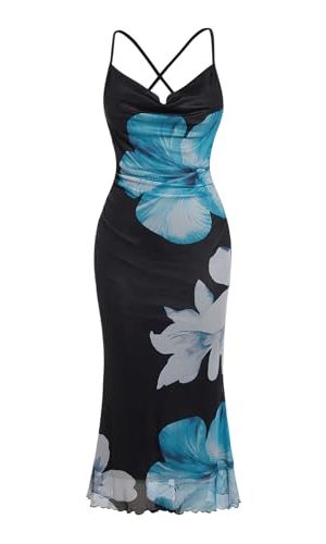 Women's Floral Print Bodycon Cami Dress Cowl Neck Spaghetti Strap Summer Long Dresses