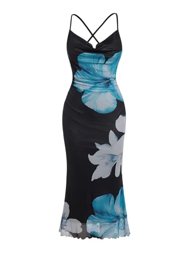 Women's Floral Print Bodycon Cami Dress Cowl Neck Spaghetti Strap Summer Long Dresses