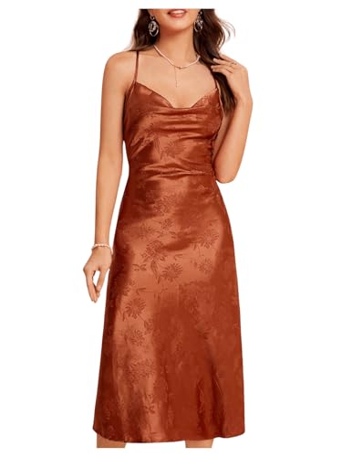 Women's Spaghetti Strap Cowl Neck Long Slip Satin Silk Midi Dress