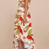 Women Floral Print Back Elastic Adjustable Spaghetti Straps Asymmetrical Hem Summer Cowl Neck Maxi Dress
