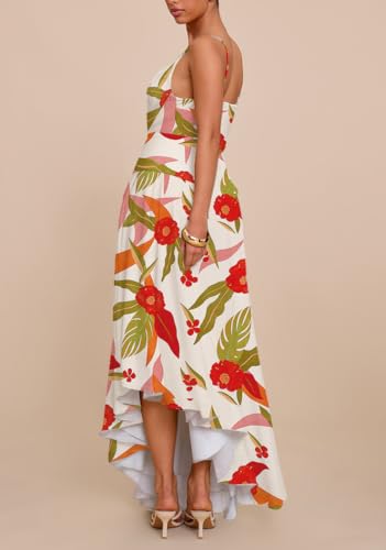 Women Floral Print Back Elastic Adjustable Spaghetti Straps Asymmetrical Hem Summer Cowl Neck Maxi Dress