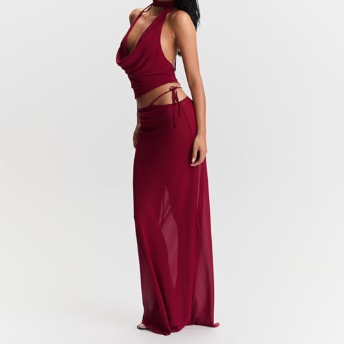 Women Y2k 2 Piece Maxi Skirt Set Boho Floral Slim Fit Tops Mesh Flowy Long Skirt Summer Beach Sheer Outfits