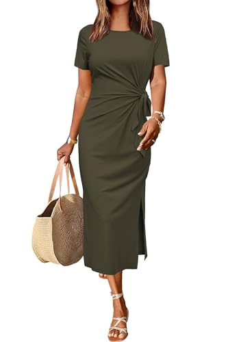 Women 2025 Summer Casual Dress Tie Waist T Shirt Short Sleeve Beach Crew Neck Slit Maxi Trendy