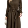 Womens Long Sleeve Casual Dresses 2025 Business Work Teacher Fall Church Belted A Line Flowy Midi Dress