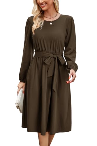 Womens Long Sleeve Casual Dresses 2025 Business Work Teacher Fall Church Belted A Line Flowy Midi Dress