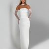 Women's Strapless Dress Set - Waist Slim Long Gown with Mesh Gloves Fluttering Belt