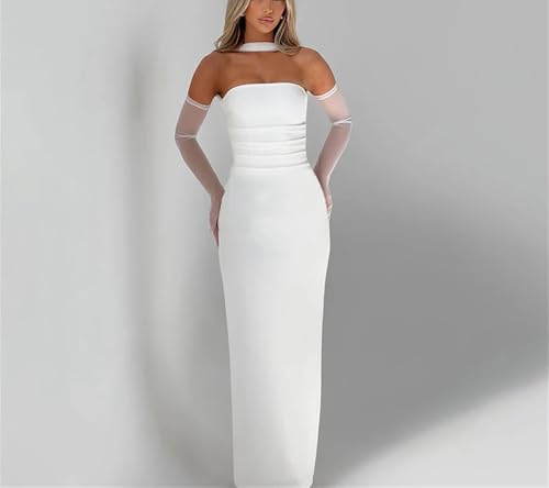 Women's Strapless Dress Set - Waist Slim Long Gown with Mesh Gloves Fluttering Belt