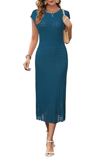314CzkPQSIL.jpg Women Fall 2025 Teacher Outfits Church Midi Cap/Long Sleeve Hollow Knit Modest Business Casual Sweater Dress