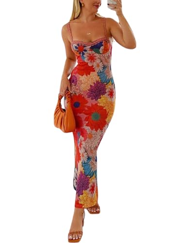Women Floral Bodycon Maxi Dress 2025 Spaghetti Strap Lace Trim Zipper Long Summer Dress