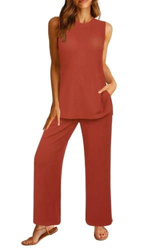Womens Summer 2 Piece Outfits Ribbed Knit Tank Tops Wide Leg Pants Lounge Set Matching Tracksuit 2024 Spring Fashion