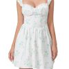 Women's Short Mini Dress Short Sleeve Low-Cut Backless Flower Print A-Line Dress High Waist Vestidos