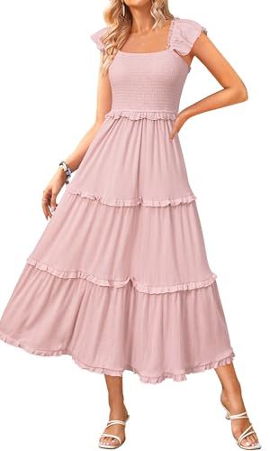 Women's 2025 Summer Wedding Guest Dress Ruffle Sleeve Smocked Square Neck Long Flowy Tiered Maxi Sundress