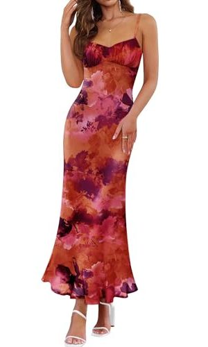 Womens Summer Floral Spaghetti Straps Maxi Dress 2025 Sleeveless Square Neck Bodycon Beach Boho Long Dresses