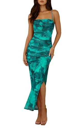 Women's Summer Maxi Dresses 2025 Bodycon Floral Sexy Spaghetti Strap Side Slit Party Cocktail Wedding Guest Mesh Long Dress
