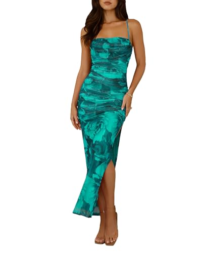 Women's Summer Maxi Dresses 2025 Bodycon Floral Sexy Spaghetti Strap Side Slit Party Cocktail Wedding Guest Mesh Long Dress