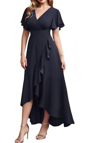 Long Formal Dresses for Women Elegant V Neck Wrap Ruffle Cocktail Wedding Guest Dress Evening Party Gown