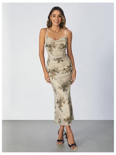 Women's Floral Print Cami Dress Cowl Neck Spaghetti Strap Bodycon Party Long Dresses
