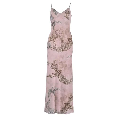 Women Bodycon Maxi Dress Y2K Sexy Slim Fit Spaghetti Strap Long Dress V Neck Sleeveless Floral Printed Cocktail Party Dress