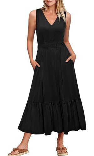 Women's 2025 Summer Dress Vacation V Neck Sleeveless Midi Dress Tiered Tank Swing Sundress with Pockets