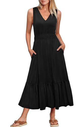 Women's 2025 Summer Dress Vacation V Neck Sleeveless Midi Dress Tiered Tank Swing Sundress with Pockets