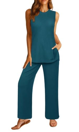Womens Summer 2 Piece Outfits Ribbed Knit Tank Tops Wide Leg Pants Lounge Set Matching Tracksuit 2024 Spring Fashion