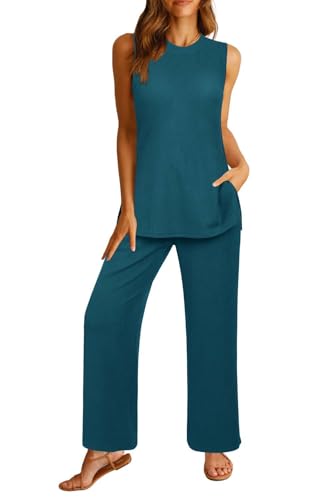 Womens Summer 2 Piece Outfits Ribbed Knit Tank Tops Wide Leg Pants Lounge Set Matching Tracksuit 2024 Spring Fashion