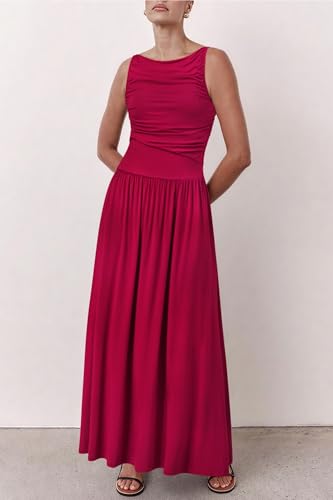 Women 2025 Summer Maxi Dresses Vacation Ruched Boat Neck Tank Flowy Elegant Party Long Formal Dress Pockets