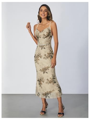 Women's Floral Print Cami Dress Cowl Neck Spaghetti Strap Bodycon Party Long Dresses