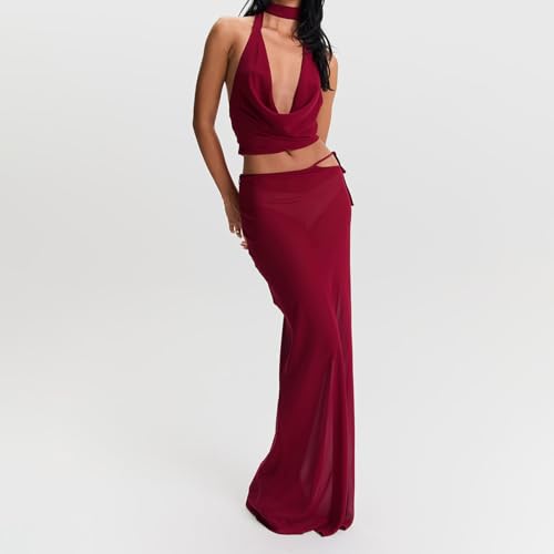 Women Y2k 2 Piece Maxi Skirt Set Boho Floral Slim Fit Tops Mesh Flowy Long Skirt Summer Beach Sheer Outfits