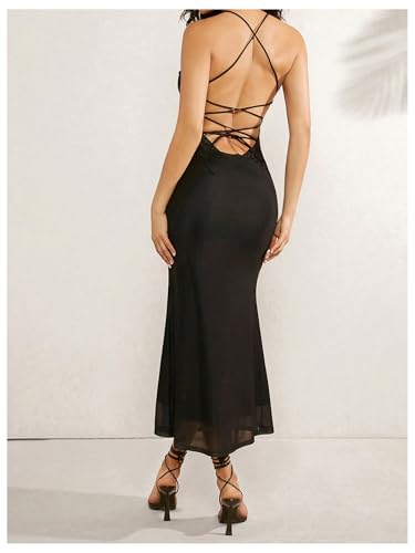Women's Floral Print Mesh Dress Tie Backless Sleeveless Bodycon Long Cami Dresses