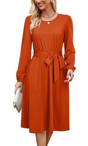 Womens Long Sleeve Casual Dresses 2025 Business Work Teacher Fall Church Belted A Line Flowy Midi Dress