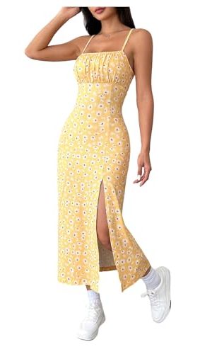 Women's Floral Print Split Thigh Midi Cami Dress Square Neck High Waist Slim Fit Summer Dress