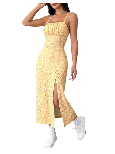 Women's Floral Print Split Thigh Midi Cami Dress Square Neck High Waist Slim Fit Summer Dress