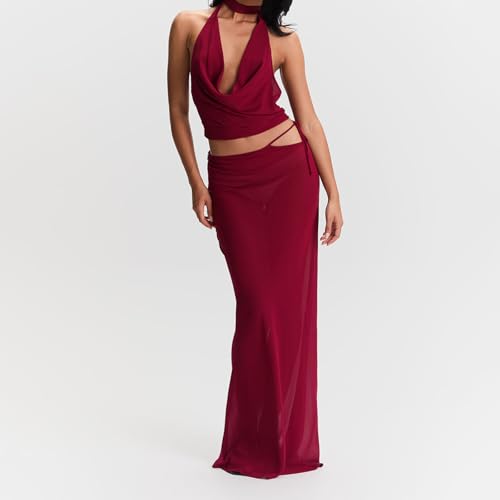 Women Y2k 2 Piece Maxi Skirt Set Boho Floral Slim Fit Tops Mesh Flowy Long Skirt Summer Beach Sheer Outfits