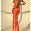 Women Floral Split Thigh Mesh Cami Dress Sexy Open Back Spaghetti Strap Maxi Dresses