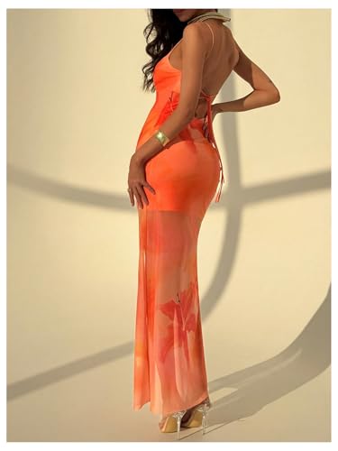 Women Floral Split Thigh Mesh Cami Dress Sexy Open Back Spaghetti Strap Maxi Dresses