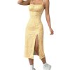 Women's Floral Spaghetti Strap Cami Dress Ruched Bust Slit Midi Dresses