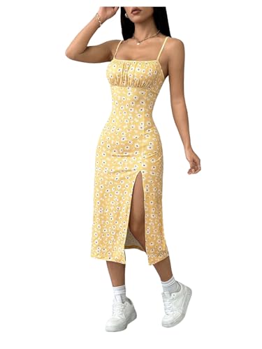Women's Floral Spaghetti Strap Cami Dress Ruched Bust Slit Midi Dresses