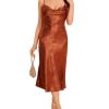 Women's Spaghetti Strap Cowl Neck Long Slip Satin Silk Midi Dress