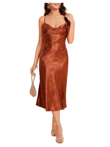 Women's Spaghetti Strap Cowl Neck Long Slip Satin Silk Midi Dress