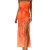 Women Floral Split Thigh Mesh Cami Dress Sexy Open Back Spaghetti Strap Maxi Dresses